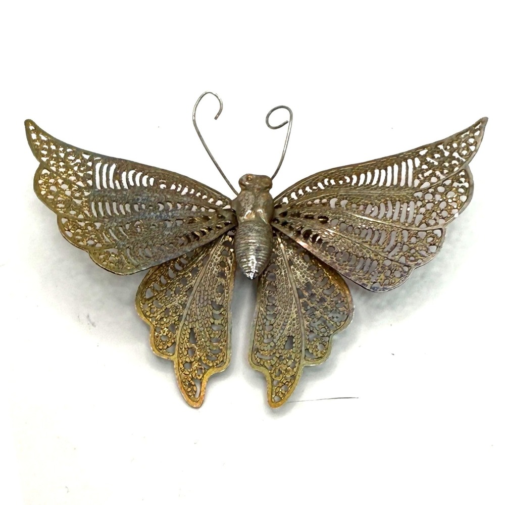 Vintage Filigree Butterfly‎ Brooch Brass Tone Large Lace Wing Insect Pin